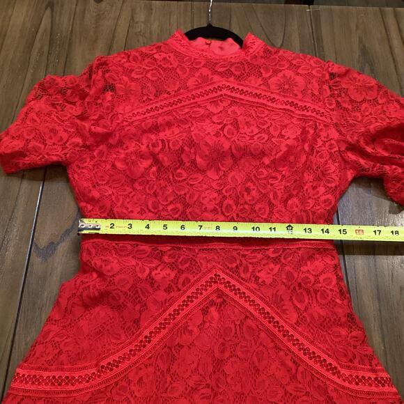 Strut & Bolt floral Lace Lined Mock Neck Short Sleeve flare Mini Dress Red Large - Picture 4 of 11